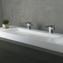 DAX Solid Surface Rectangle Double Bowl Top Mount Bathroom Sink, White Matte Finish, 62-4/5 X 18-7/8 X 4 Inches (DAX-AB-1371)