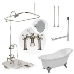 Adela 62 Inch Cast Iron Slipper Clawfoot Tub & Shower Package - White / Chrome Feet & Fixtures