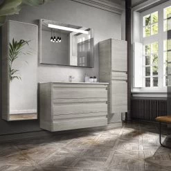 16" Tall Side Cabinet, Wall Mount, 1 Mirrored Door Whit Soft Close And Right Opening, Cloud, Serie Barcelona By VALENZUELA