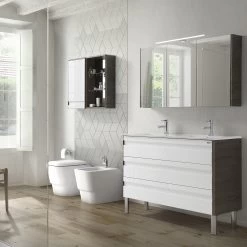 16" Open Side Cabinet With Shelves And Mirror, Wall Mount, Walnut, Serie Barcelona By VALENZUELA