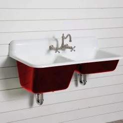 47 Inch Cast Iron High Back Double Bowl Farmhouse Kitchen Sink -Bathroom Shop castsink47 red 2