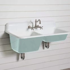 47 Inch Cast Iron High Back Double Bowl Farmhouse Kitchen Sink -Bathroom Shop castsink47 teal 2
