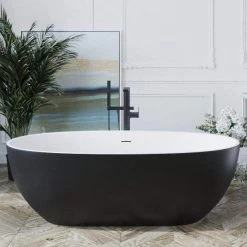 Corelia Solid Surface 66 Inch Freestanding Double Ended Tub - Black / White Interior