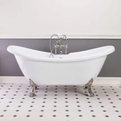 Florence 70 Inch Acrylic Double Slipper Clawfoot Tub - Rim Faucet Drillings - Lion Paw Feet