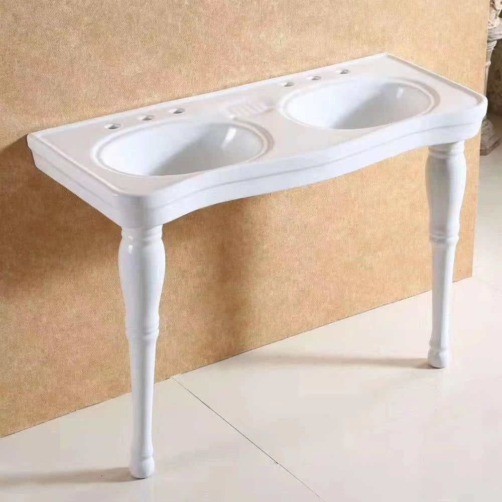 Console Double Bowl Bathroom Sink - 8 Inch Faucet Drillings - White Porcelain 1 Console Double Bowl Bathroom Sink - 8 Inch Faucet Drillings - White Porcelain