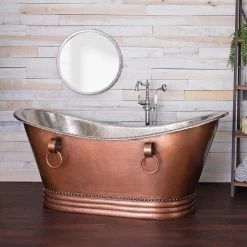 Juan 71 Inch Copper Freestanding Double Slipper Bathtub - Brown Copper / Satin Nickel